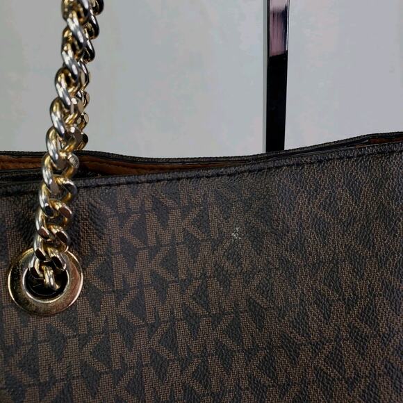 Michael Kors Jet Set Tassel Chain Tote MK Signature Brown Leather Shoulder Bag - Picture 4 of 16